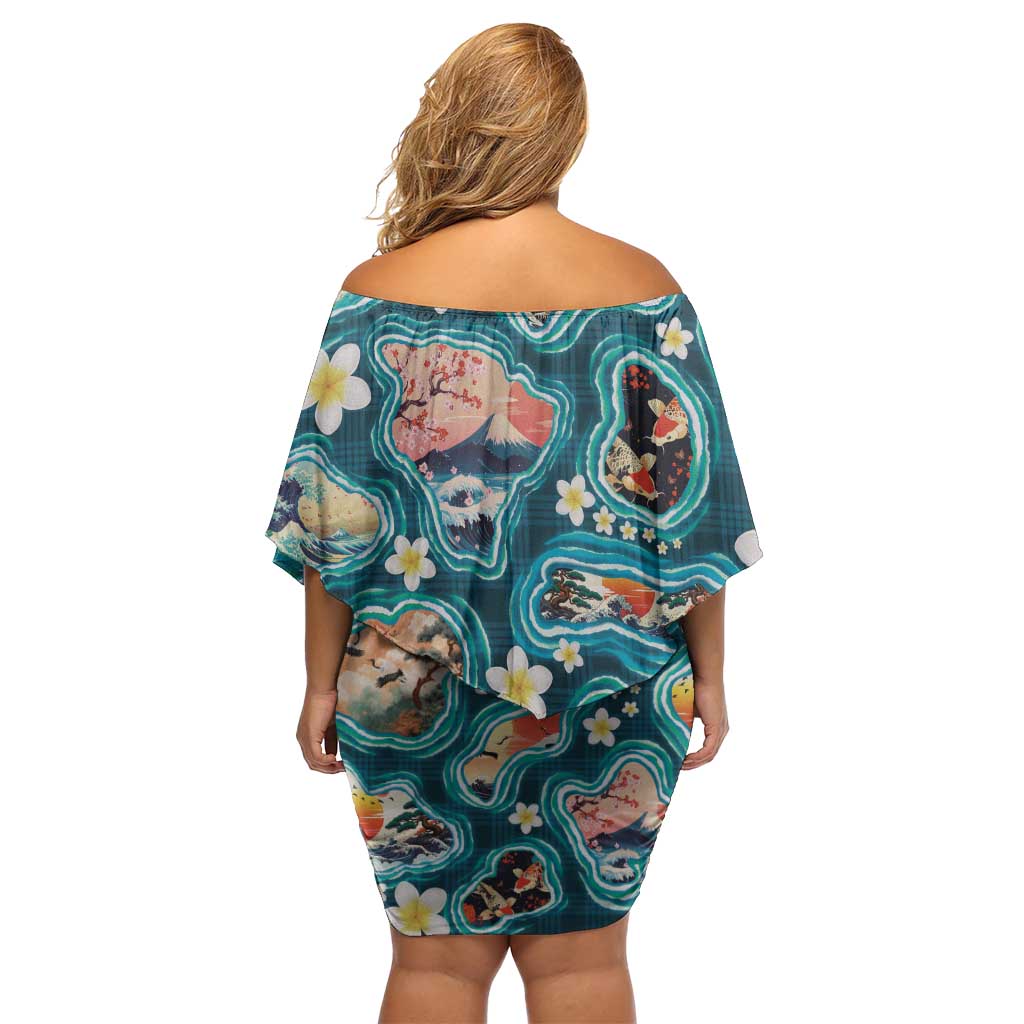 Hawaiian and Japanese Culture Together Off Shoulder Short Dress Hawaiian Island Shapes with Japanese Landscape Teal Color