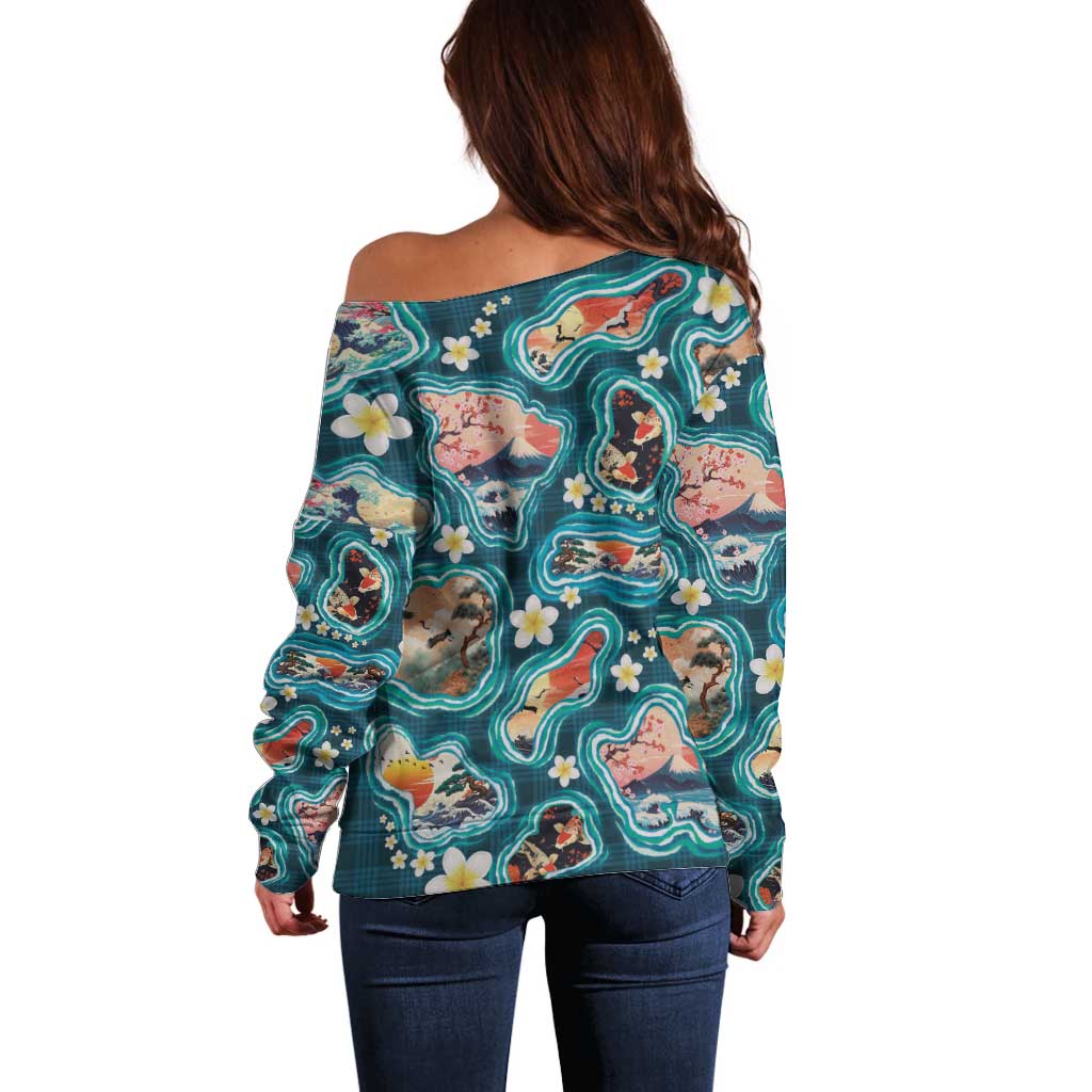 Hawaiian and Japanese Culture Together Off Shoulder Sweater Hawaiian Island Shapes with Japanese Landscape Teal Color