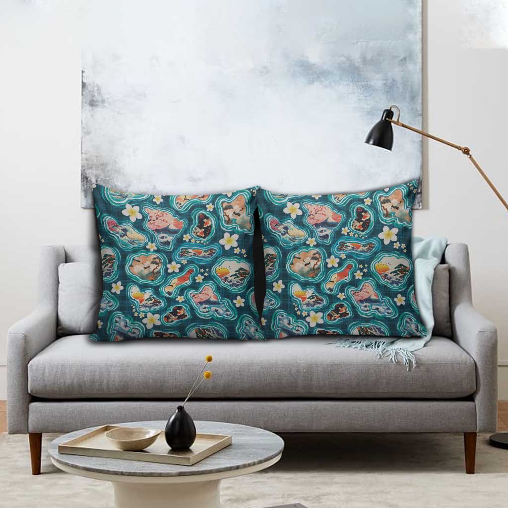 Hawaiian and Japanese Culture Together Pillow Cover Hawaiian Island Shapes with Japanese Landscape Teal Color