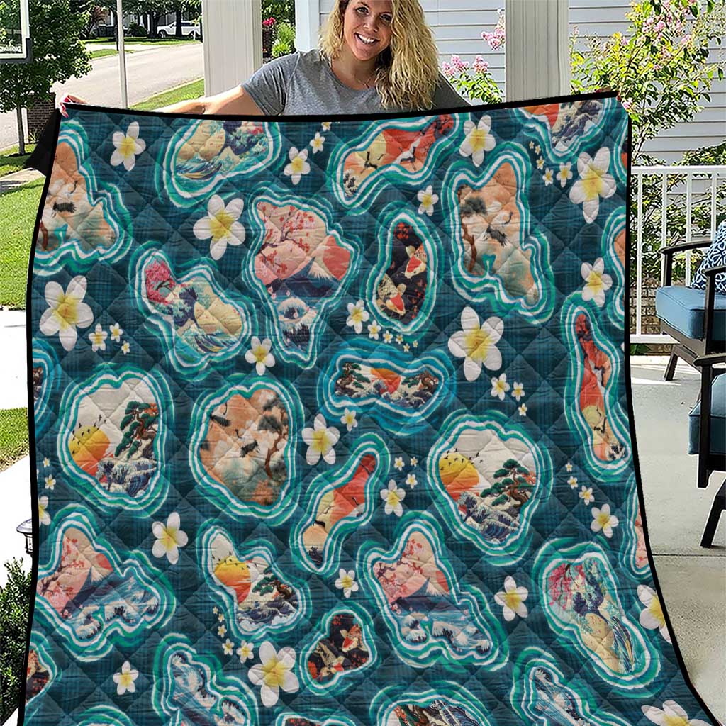 Hawaiian and Japanese Culture Together Quilt Hawaiian Island Shapes with Japanese Landscape Teal Color
