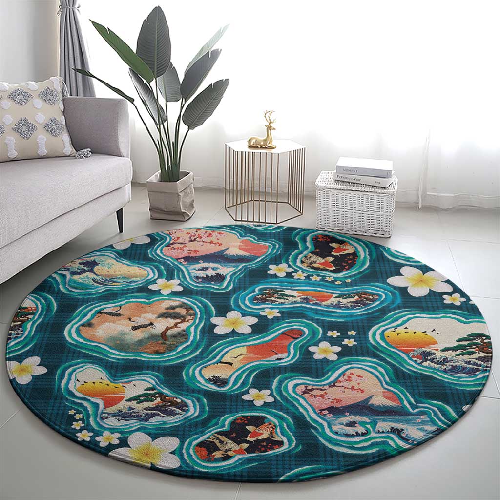Hawaiian and Japanese Culture Together Round Carpet Hawaiian Island Shapes with Japanese Landscape Teal Color