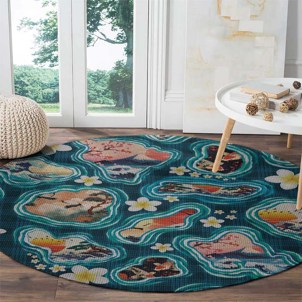 Hawaiian and Japanese Culture Together Round Carpet Hawaiian Island Shapes with Japanese Landscape Teal Color
