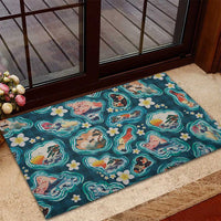 Hawaiian and Japanese Culture Together Rubber Doormat Hawaiian Island Shapes with Japanese Landscape Teal Color