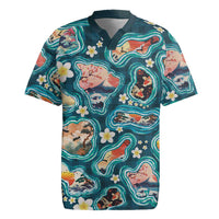 Hawaiian and Japanese Culture Together Rugby Jersey Hawaiian Island Shapes with Japanese Landscape Teal Color