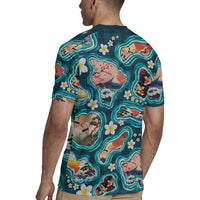 Hawaiian and Japanese Culture Together Rugby Jersey Hawaiian Island Shapes with Japanese Landscape Teal Color