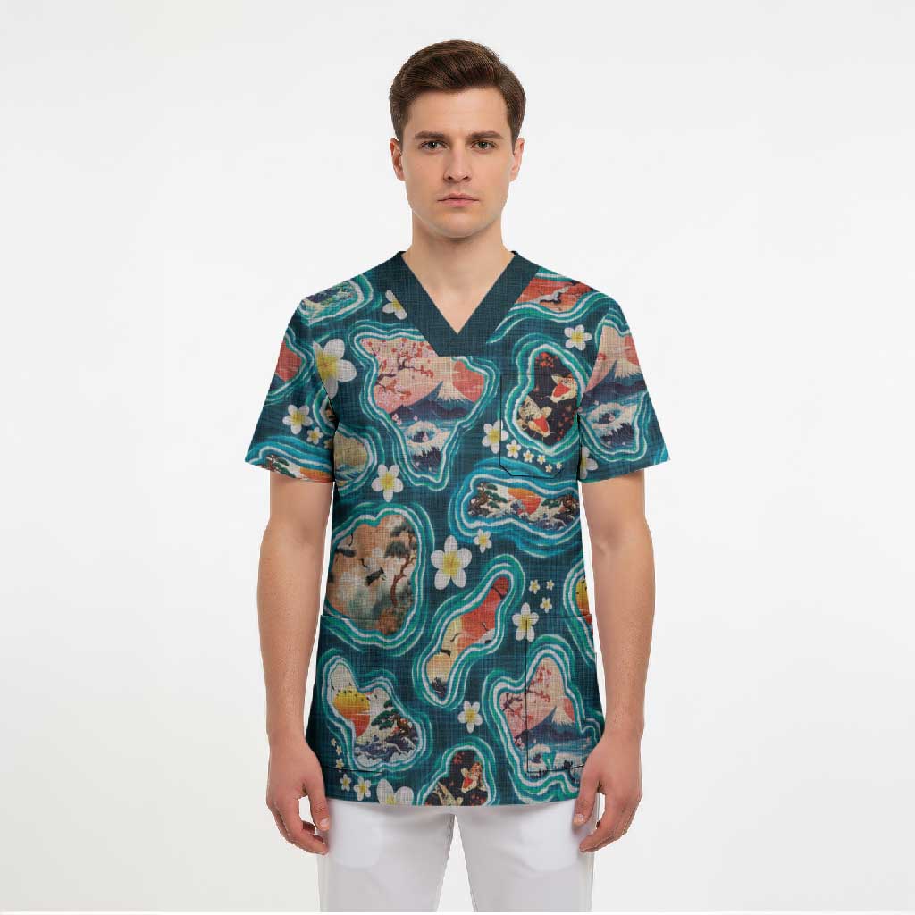 Hawaiian and Japanese Culture Together Scrub Top Hawaiian Island Shapes with Japanese Landscape Teal Color