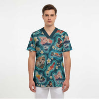 Hawaiian and Japanese Culture Together Scrub Top Hawaiian Island Shapes with Japanese Landscape Teal Color