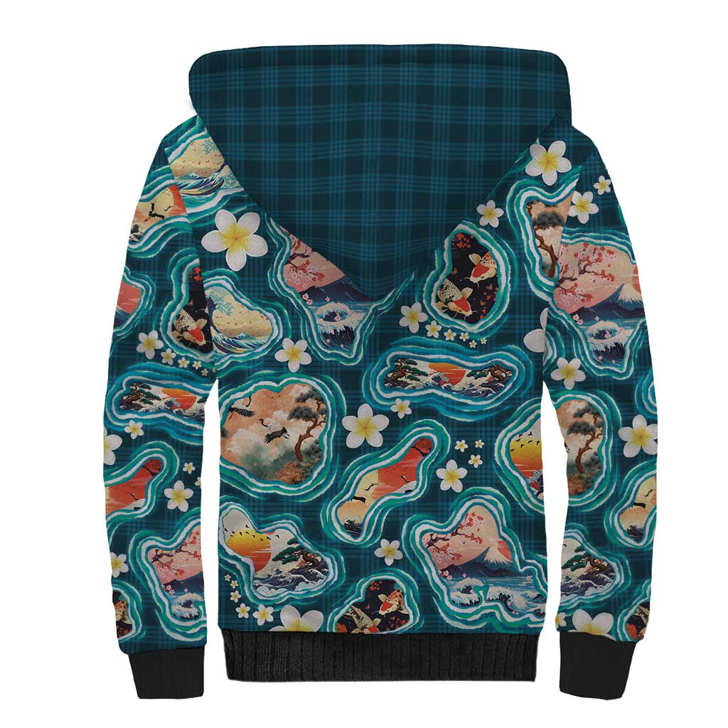 Hawaiian and Japanese Culture Together Sherpa Hoodie Hawaiian Island Shapes with Japanese Landscape Teal Color