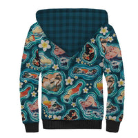 Hawaiian and Japanese Culture Together Sherpa Hoodie Hawaiian Island Shapes with Japanese Landscape Teal Color