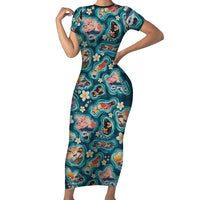 Hawaiian and Japanese Culture Together Short Sleeve Bodycon Dress Hawaiian Island Shapes with Japanese Landscape Teal Color