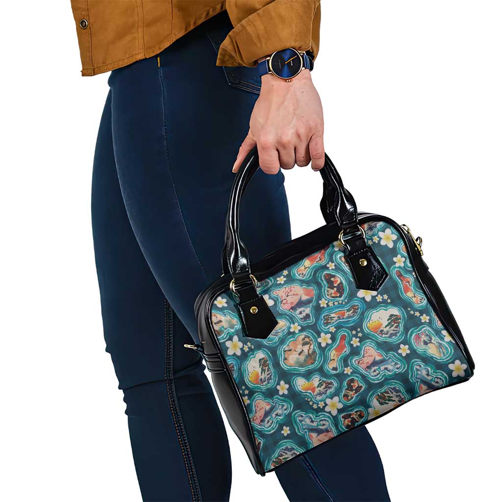 Hawaiian and Japanese Culture Together Shoulder Handbag Hawaiian Island Shapes with Japanese Landscape Teal Color