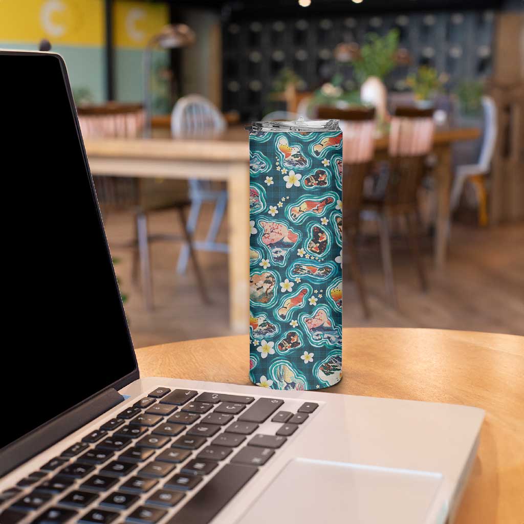 Hawaiian and Japanese Culture Together Skinny Tumbler Hawaiian Island Shapes with Japanese Landscape Teal Color LT03 - Polynesian Pride