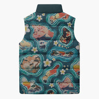Hawaiian and Japanese Culture Together Sleeveless Puffer Jacket Hawaiian Island Shapes with Japanese Landscape Teal Color