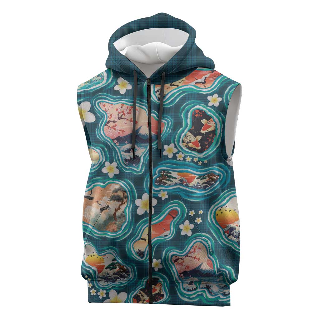 Hawaiian and Japanese Culture Together Sleeveless Zip Hoodie Hawaiian Island Shapes with Japanese Landscape Teal Color