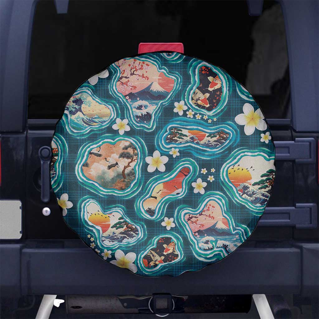 Hawaiian and Japanese Culture Together Spare Tire Cover Hawaiian Island Shapes with Japanese Landscape Teal Color