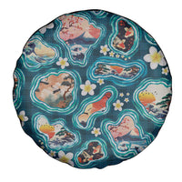 Hawaiian and Japanese Culture Together Spare Tire Cover Hawaiian Island Shapes with Japanese Landscape Teal Color