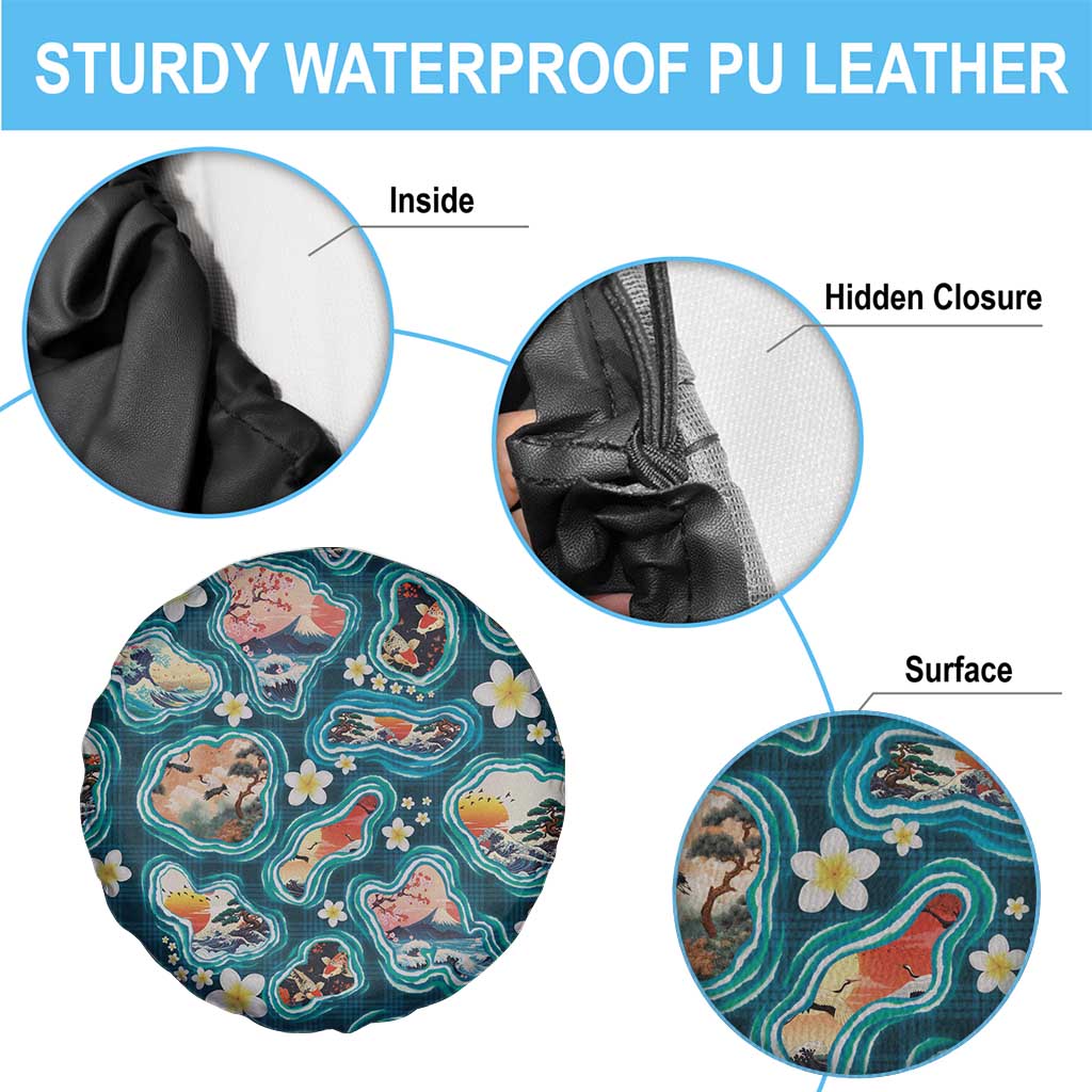 Hawaiian and Japanese Culture Together Spare Tire Cover Hawaiian Island Shapes with Japanese Landscape Teal Color
