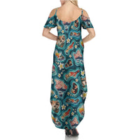 Hawaiian and Japanese Culture Together Summer Maxi Dress Hawaiian Island Shapes with Japanese Landscape Teal Color