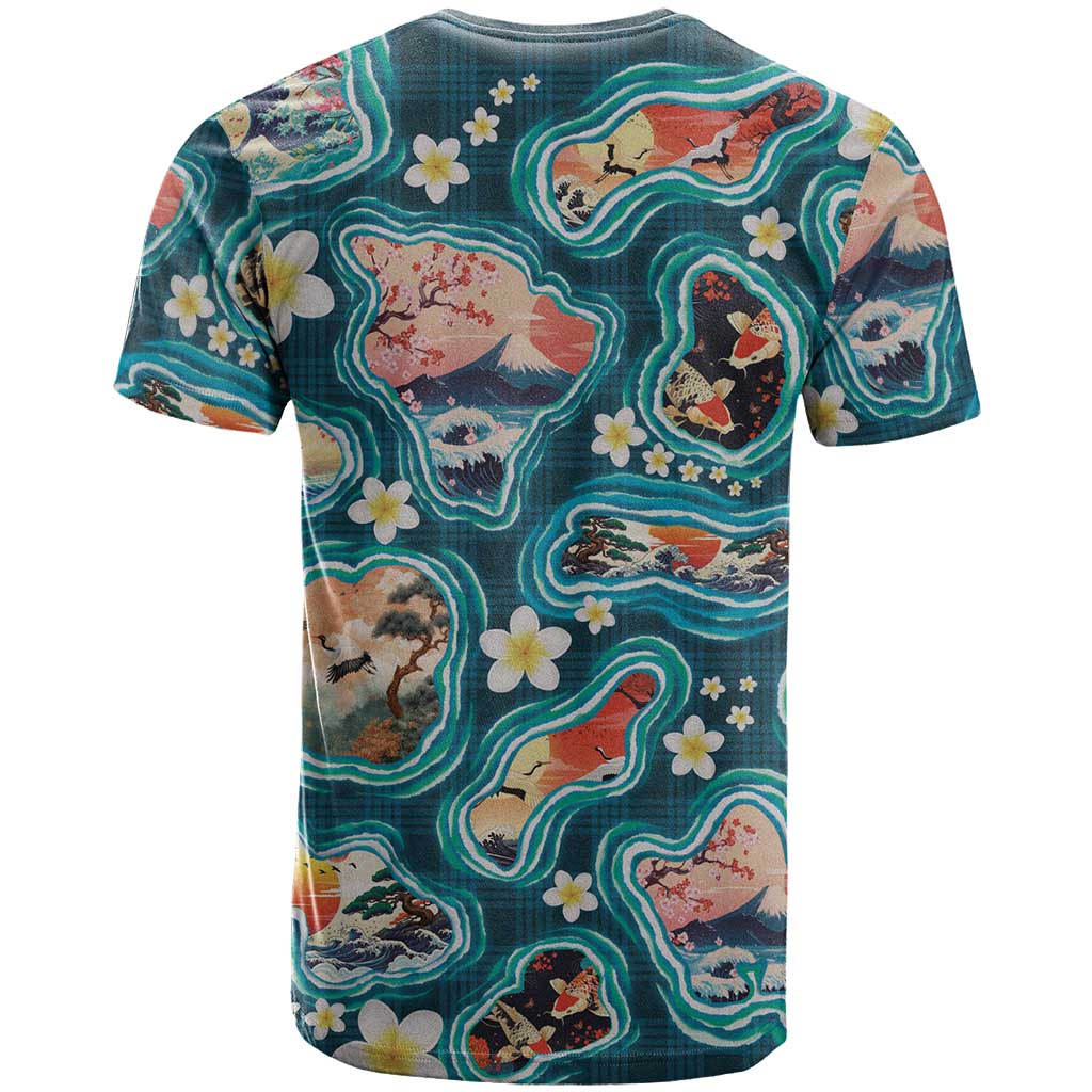 Hawaiian and Japanese Culture Together T Shirt Hawaiian Island Shapes with Japanese Landscape Teal Color
