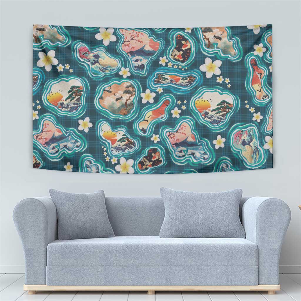 Hawaiian and Japanese Culture Together Tapestry Hawaiian Island Shapes with Japanese Landscape Teal Color