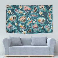 Hawaiian and Japanese Culture Together Tapestry Hawaiian Island Shapes with Japanese Landscape Teal Color