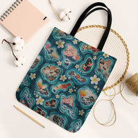 Hawaiian and Japanese Culture Together Tote Bag Hawaiian Island Shapes with Japanese Landscape Teal Color