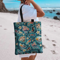 Hawaiian and Japanese Culture Together Tote Bag Hawaiian Island Shapes with Japanese Landscape Teal Color