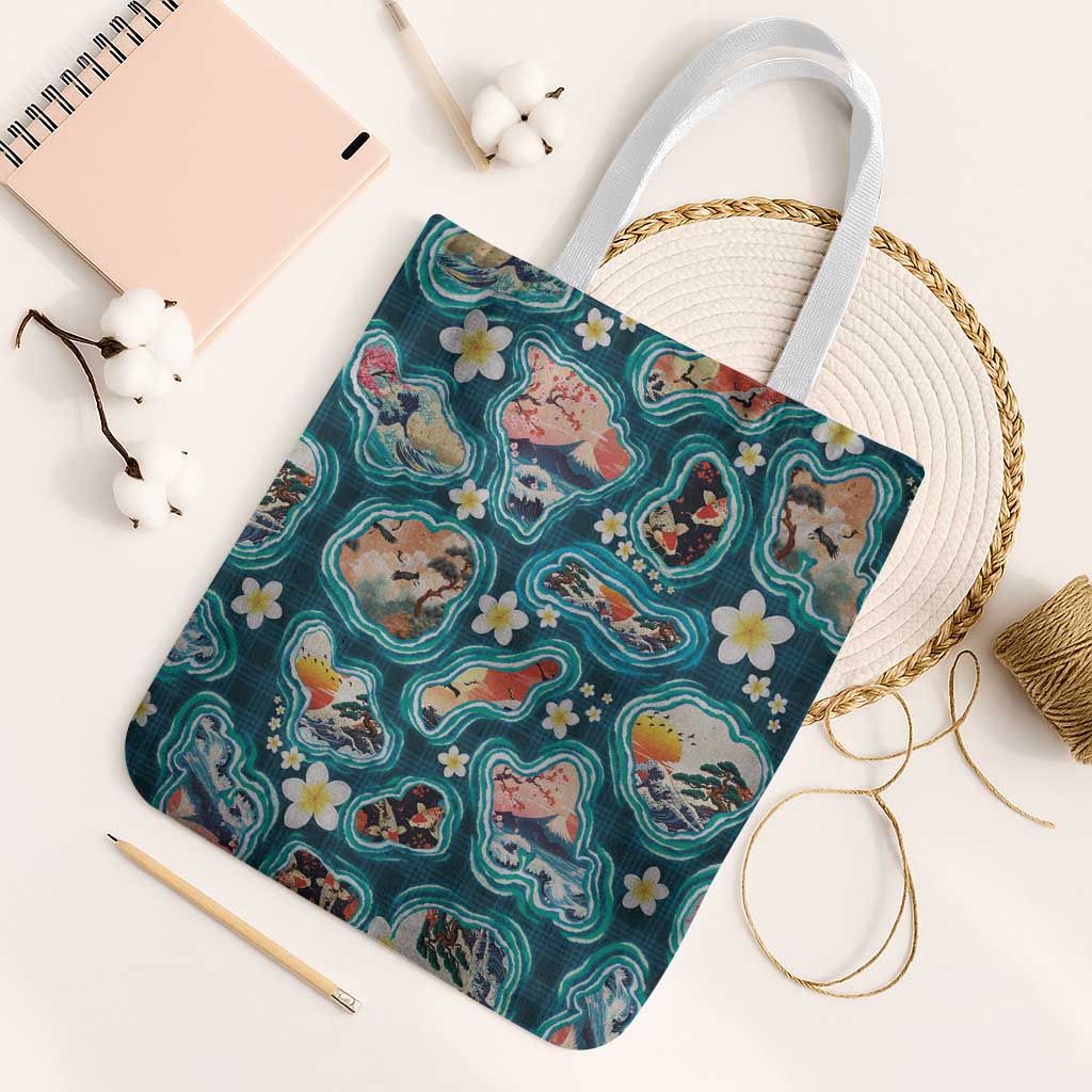 Hawaiian and Japanese Culture Together Tote Bag Hawaiian Island Shapes with Japanese Landscape Teal Color