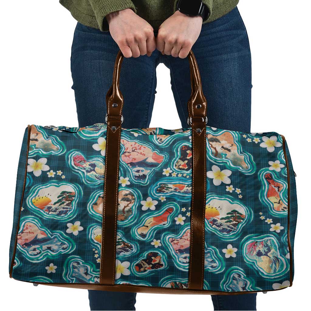 Hawaiian and Japanese Culture Together Travel Bag Hawaiian Island Shapes with Japanese Landscape Teal Color