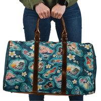 Hawaiian and Japanese Culture Together Travel Bag Hawaiian Island Shapes with Japanese Landscape Teal Color