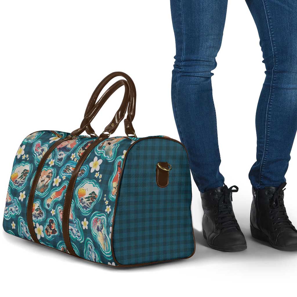 Hawaiian and Japanese Culture Together Travel Bag Hawaiian Island Shapes with Japanese Landscape Teal Color