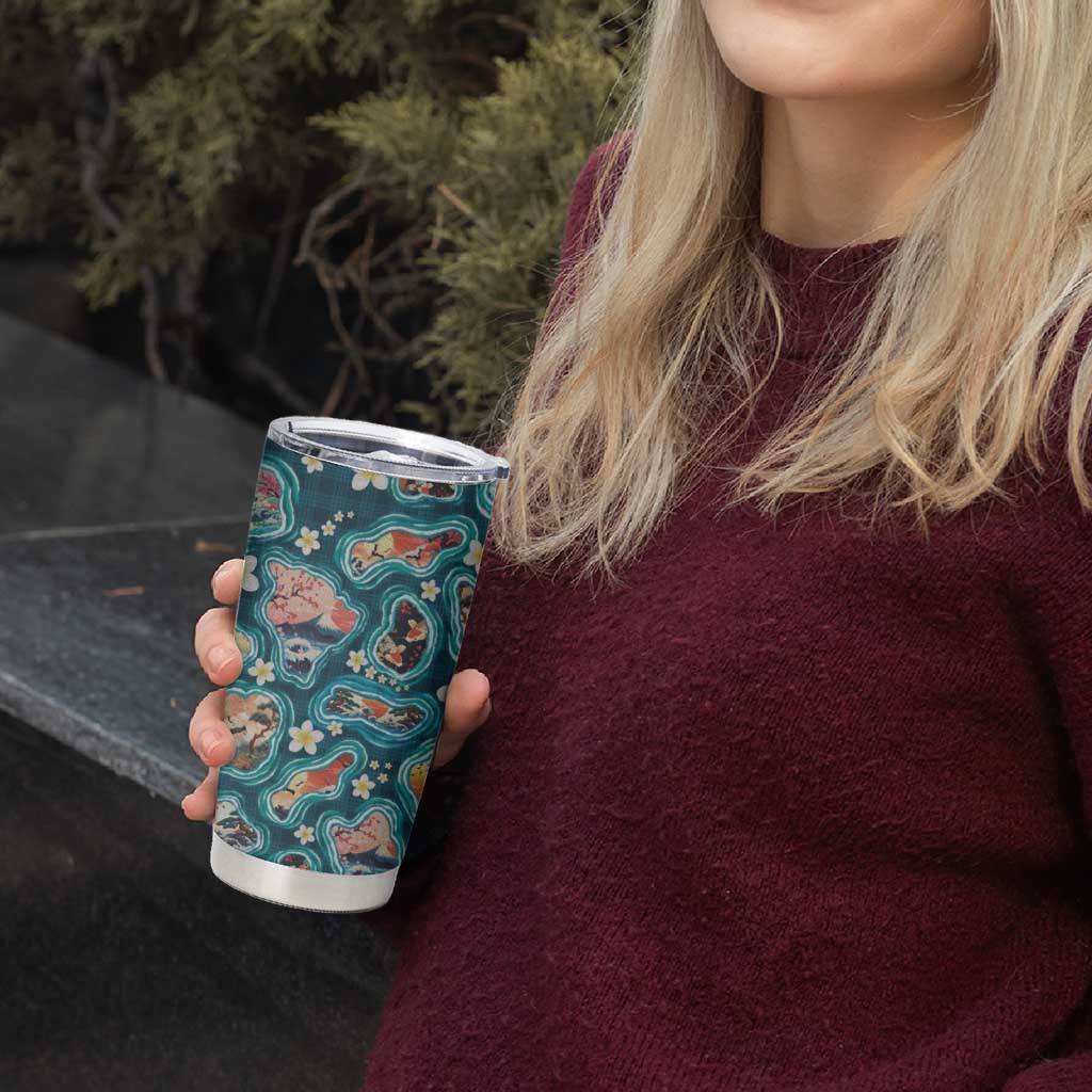 Hawaiian and Japanese Culture Together Tumbler Cup Hawaiian Island Shapes with Japanese Landscape Teal Color