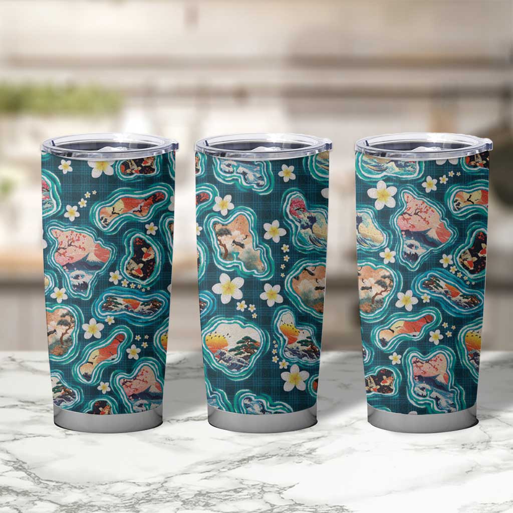 Hawaiian and Japanese Culture Together Tumbler Cup Hawaiian Island Shapes with Japanese Landscape Teal Color