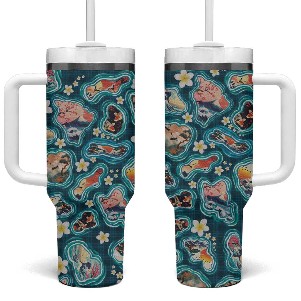 Hawaiian and Japanese Culture Together Tumbler With Handle Hawaiian Island Shapes with Japanese Landscape Teal Color