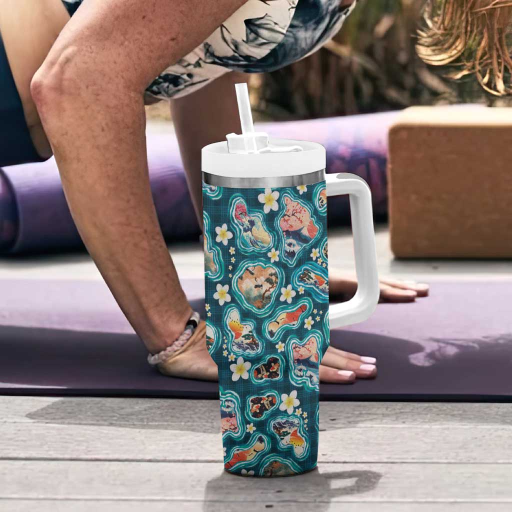 Hawaiian and Japanese Culture Together Tumbler With Handle Hawaiian Island Shapes with Japanese Landscape Teal Color