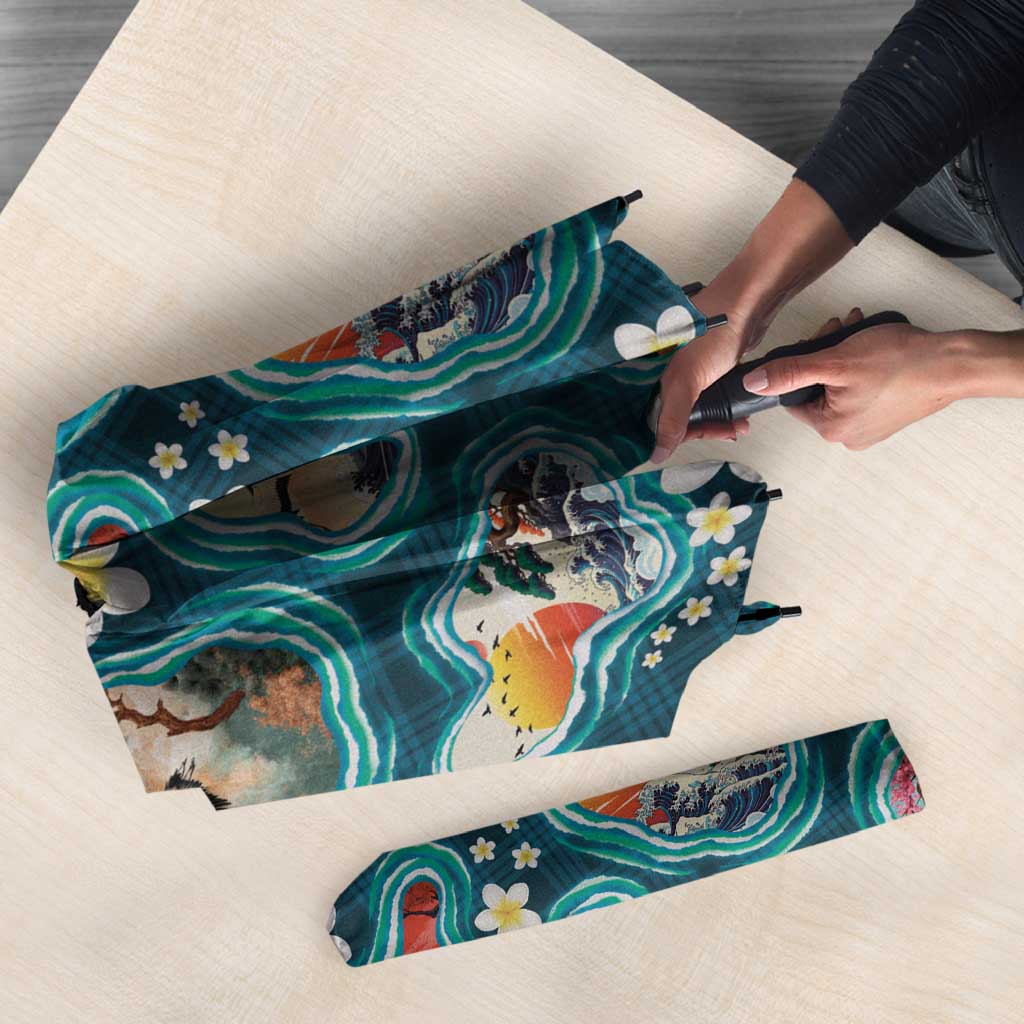 Hawaiian and Japanese Culture Together Umbrella Hawaiian Island Shapes with Japanese Landscape Teal Color