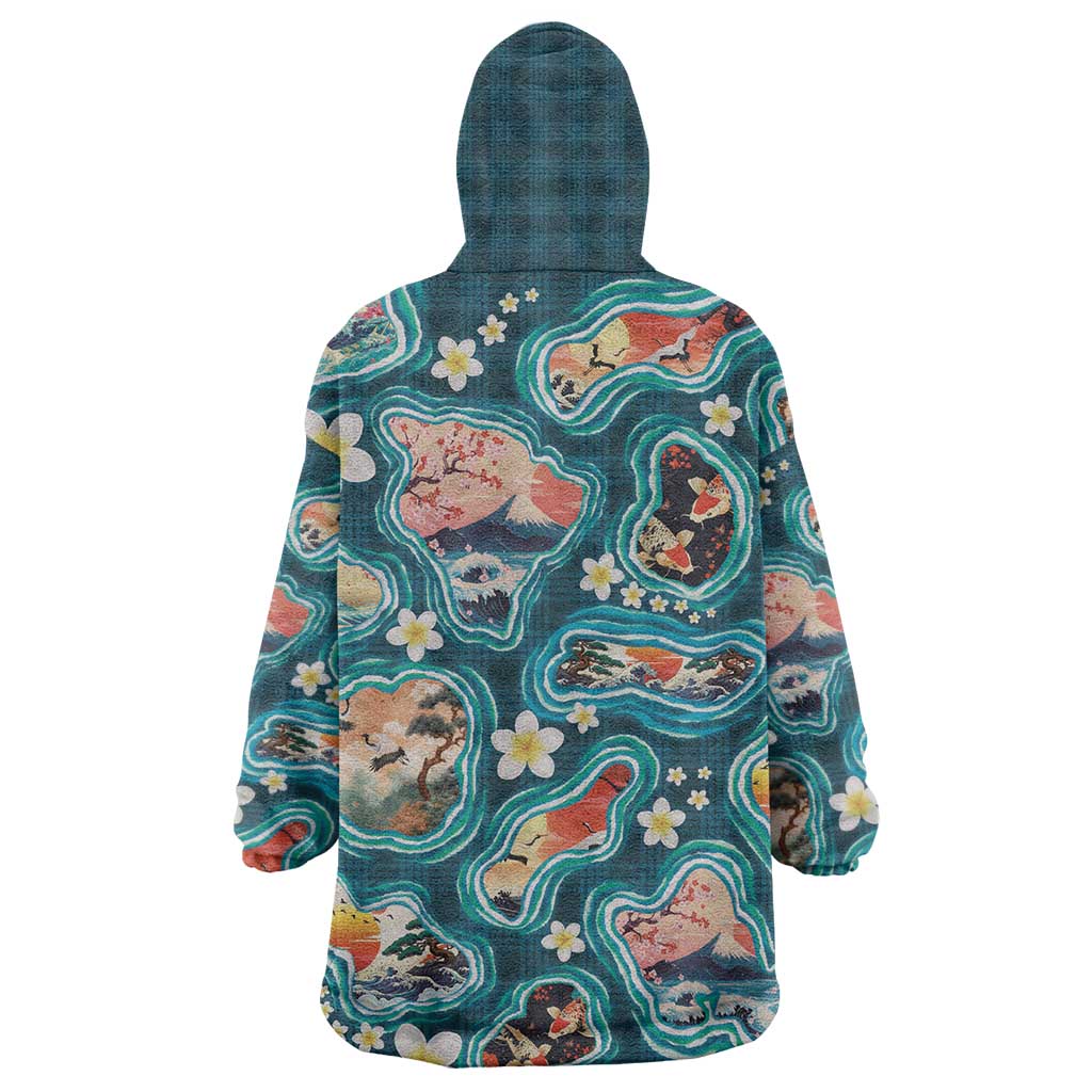 Hawaiian and Japanese Culture Together Wearable Blanket Hoodie Hawaiian Island Shapes with Japanese Landscape Teal Color