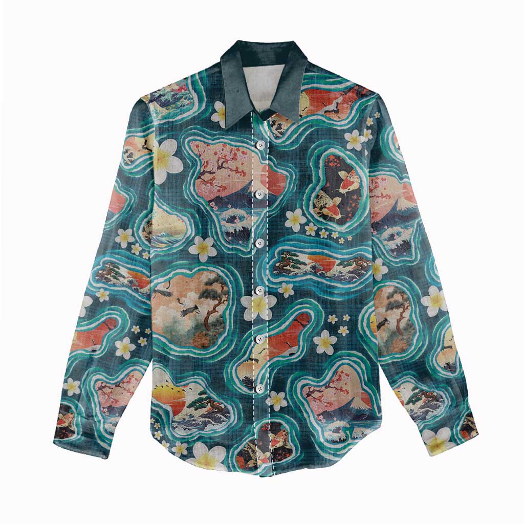 Hawaiian and Japanese Culture Together Women Casual Shirt Hawaiian Island Shapes with Japanese Landscape Teal Color