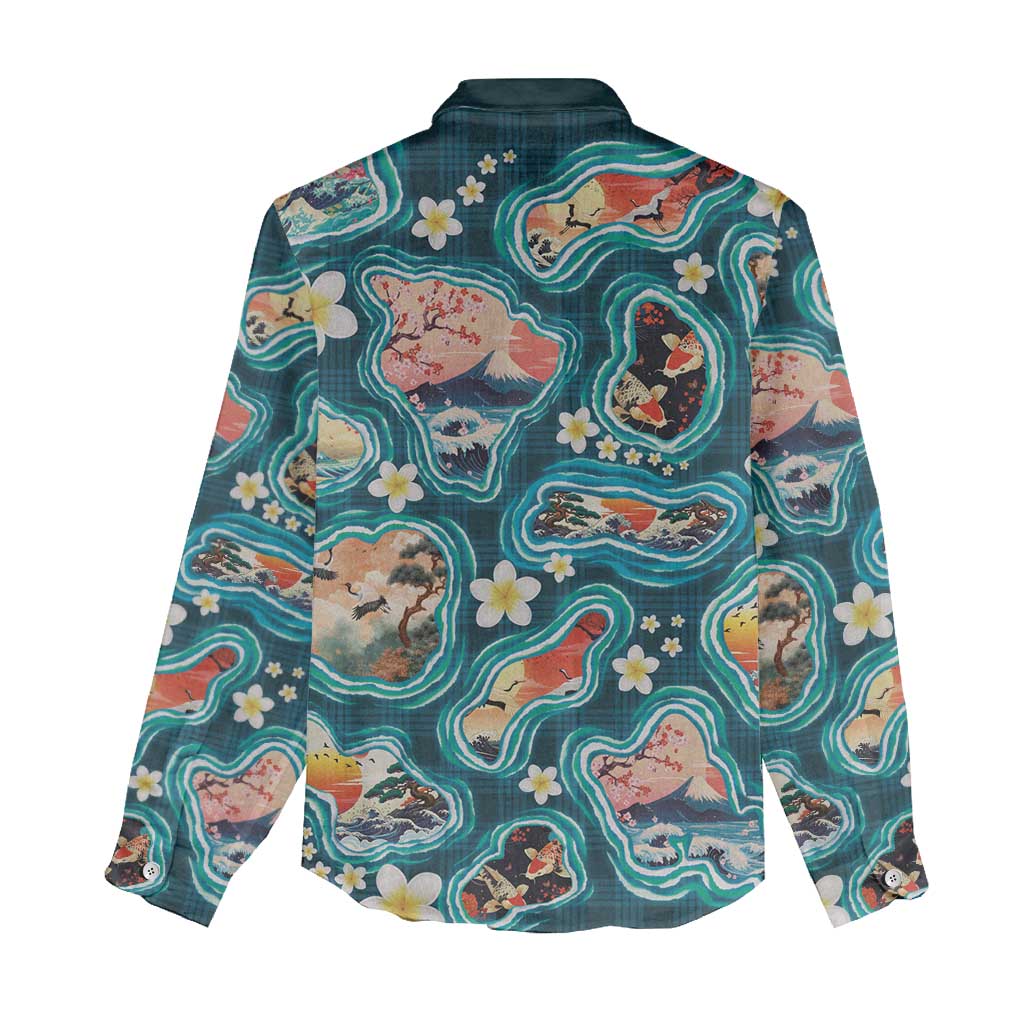 Hawaiian and Japanese Culture Together Women Casual Shirt Hawaiian Island Shapes with Japanese Landscape Teal Color