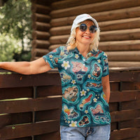 Hawaiian and Japanese Culture Together Women Polo Shirt Hawaiian Island Shapes with Japanese Landscape Teal Color