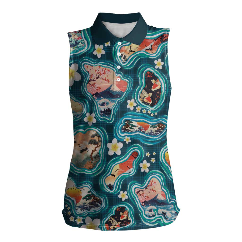 Hawaiian and Japanese Culture Together Women Sleeveless Polo Shirt Hawaiian Island Shapes with Japanese Landscape Teal Color