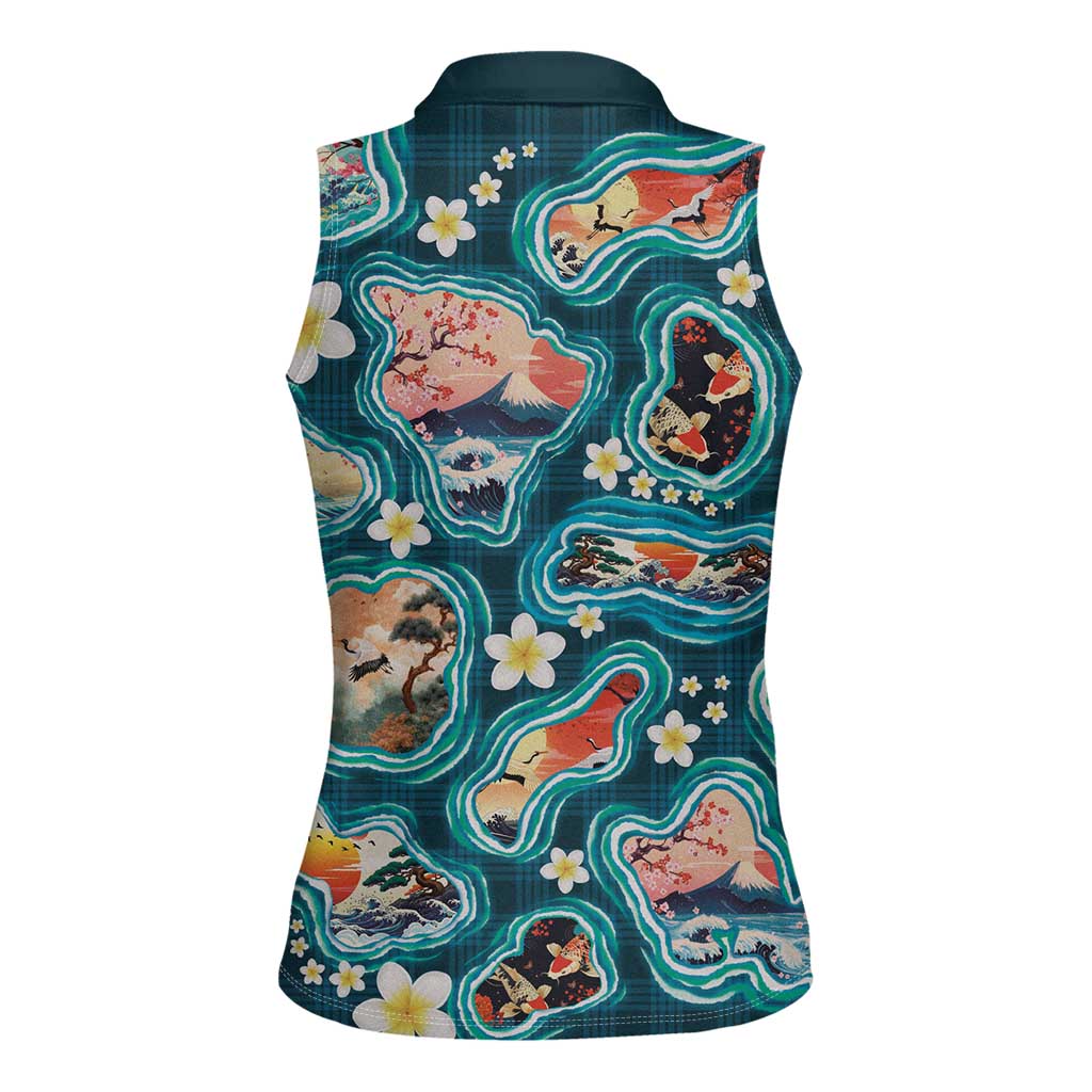 Hawaiian and Japanese Culture Together Women Sleeveless Polo Shirt Hawaiian Island Shapes with Japanese Landscape Teal Color