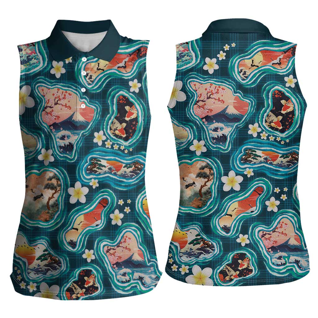 Hawaiian and Japanese Culture Together Women Sleeveless Polo Shirt Hawaiian Island Shapes with Japanese Landscape Teal Color