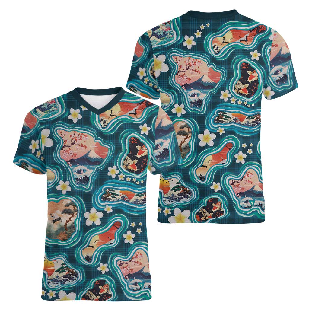 Hawaiian and Japanese Culture Together Women V-Neck T-Shirt Hawaiian Island Shapes with Japanese Landscape Teal Color