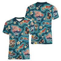 Hawaiian and Japanese Culture Together Women V-Neck T-Shirt Hawaiian Island Shapes with Japanese Landscape Teal Color