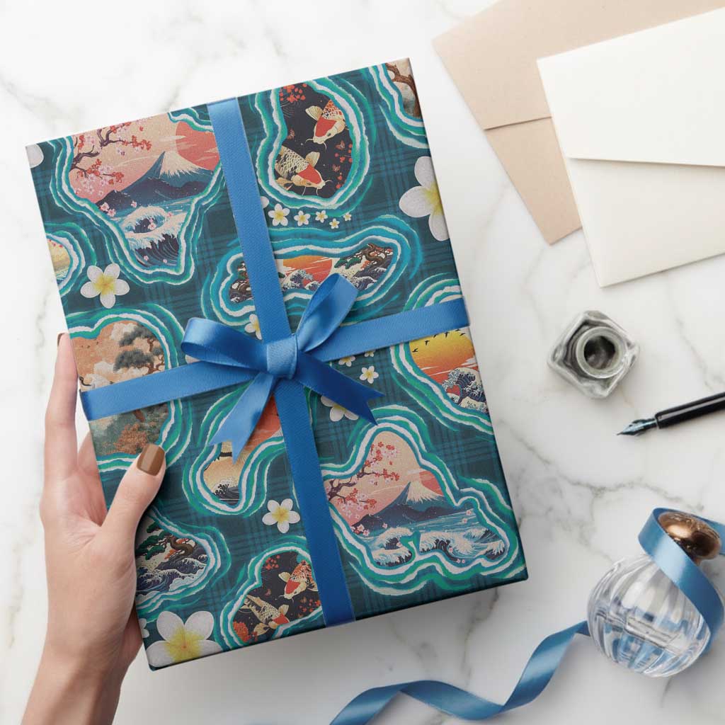 Hawaiian and Japanese Culture Together Wrapping Paper Hawaiian Island Shapes with Japanese Landscape Teal Color