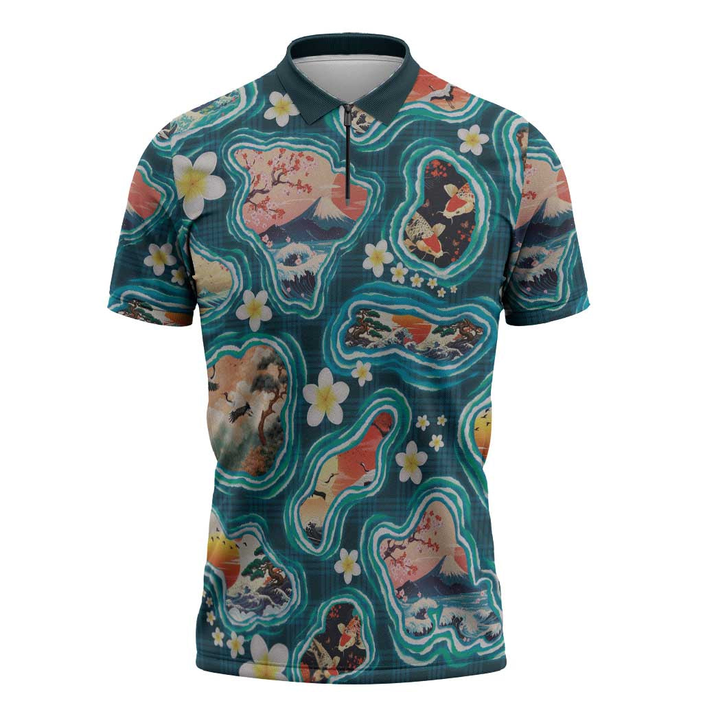 Hawaiian and Japanese Culture Together Zipper Polo Shirt Hawaiian Island Shapes with Japanese Landscape Teal Color