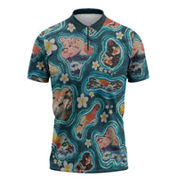 Hawaiian and Japanese Culture Together Zipper Polo Shirt Hawaiian Island Shapes with Japanese Landscape Teal Color