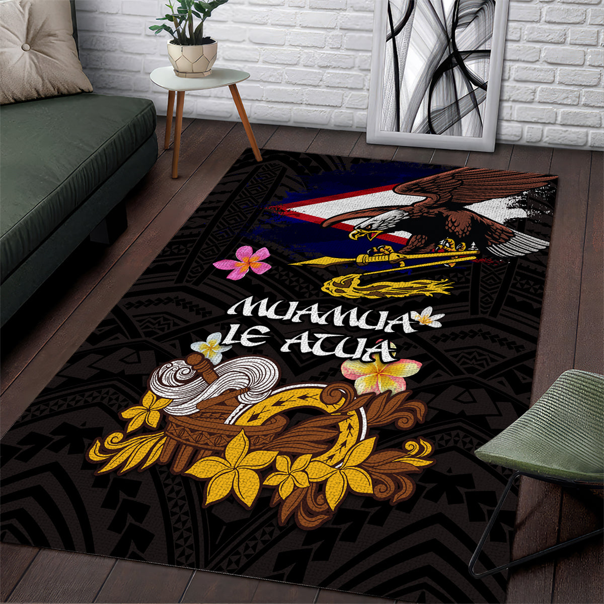 American Samoa Fue and Kava Bowl Area Rug Plumeria and Polynesian Pattern