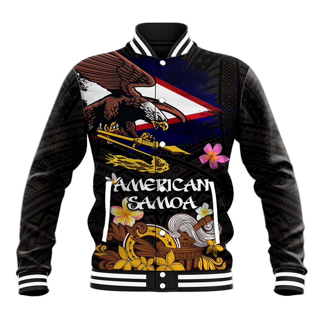 American Samoa Fue and Kava Bowl Baseball Jacket Plumeria and Polynesian Pattern LT03 Unisex Black - Polynesian Pride